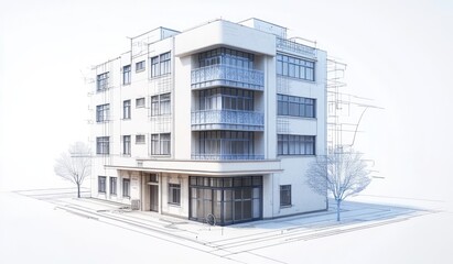 Poster - Architectural rendering of a modern apartment building with street view.