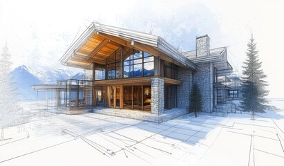 Poster - Architectural rendering of a modern mountain home design.
