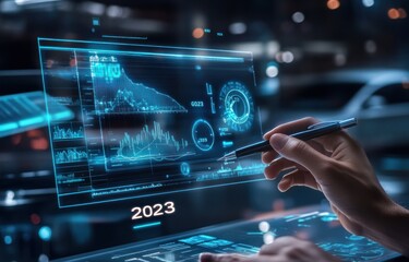 Fototapete - Hand interacts with a futuristic holographic display showing 2023 data analytics.