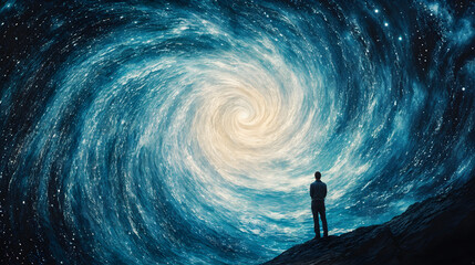 Wall Mural - A person gazes upward at a mesmerizing swirling galaxy filled with vibrant colors and stars, standing on a dark rocky surface in a vast cosmic landscape