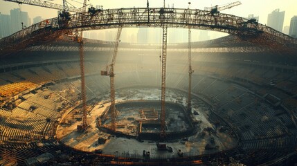 Aufkleber - Aerial view of a large stadium under construction, with cranes and workers visible.