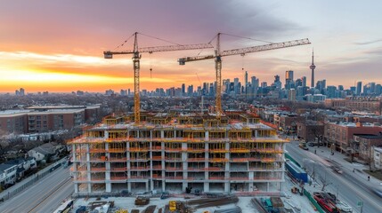 Aufkleber - Construction site of a high-rise building at sunset with city skyline in background.