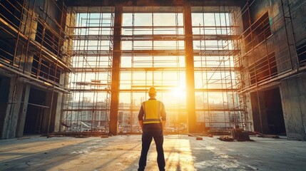 Aufkleber - Construction worker standing in large unfinished building at sunset, looking out large windows.