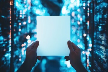Aufkleber - Hands holding blank paper against vibrant digital backdrop.