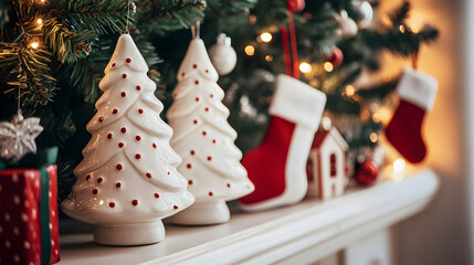 Seasonal festive style with socks and christmas tree in warm setting