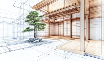 Poster - Architectural design of a Japanese-style house with a courtyard and bonsai tree.