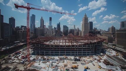 Poster - Construction site of a large building in a city with skyscrapers and a crane.