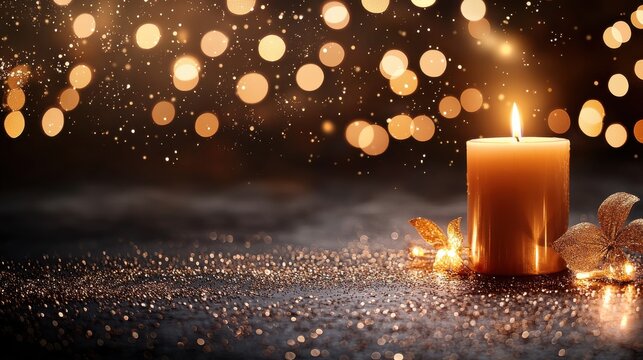 warm relaxing candle glow amidst golden bokeh lights cozy home setting serene atmosphere close-up vi