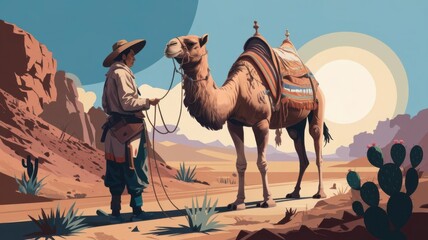 A drover with a camel carrying goods in a wilderness desert setting with rocky terrain and distant mountains