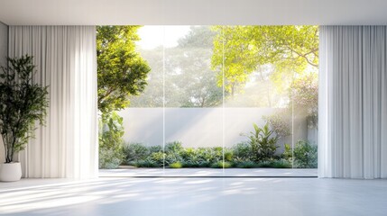 Leinwandbilder - Bright and airy interior with expansive window showcasing a vibrant garden in full bloom during daylight hours. Generative AI