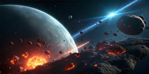Wall Mural - Dramatic space scene featuring a planet, asteroids, and cosmic eruption with bright light effects
