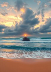 Wall Mural - Dramatic sunset beach scene, stormy clouds, vibrant orange sky, turquoise ocean waves, lone rock formation, foamy shoreline, golden sand, moody atmosphere, dynamic composition, high contrast, ethereal