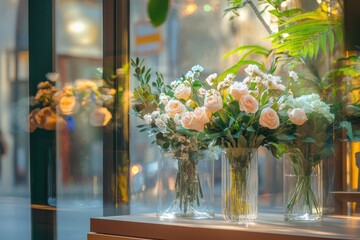 Poster - Stylish storefront display featuring elegant flower arrangements in glass vases showcasing vibrant blooms. Generative AI