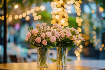 Aufkleber - Stylish storefront display featuring elegant flower arrangements in glass vases amidst softly lit decor. Generative AI