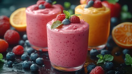 Wall Mural - glasses of various smoothies for healthy dieting breakfast.