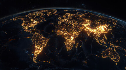 Wall Mural - world map viewed from space, showcasing illuminated cities and regions at night, highlighting beauty of our planet urban areas and connectivity