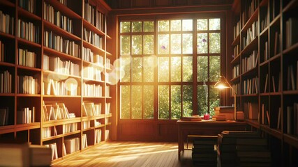 Leinwandbilder - A charming library with tall bookshelves, wooden furniture, and glowing sunlight streaming through large windows in anime style.