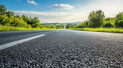 Wall Mural - Asphalt road vanishing point perspective, sunny day, green trees.