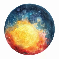 Wall Mural - watercolor painting depicting a bright yellow sun shining over a colorful nebula and starry night sk