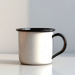 Enamel mug, speckled white, black rim and handle, on white background.