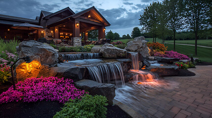 Wall Mural - Serene evening scene of a luxurious outdoor patio with a stunning waterfall feature, surrounded by vibrant flowers and landscaping.