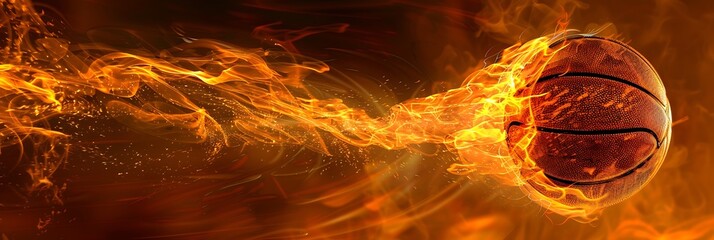 Dynamic image of a basketball surrounded by vibrant flames, conveying speed and intensity. A visually striking representation of energy and motion. This subject is fictional.

