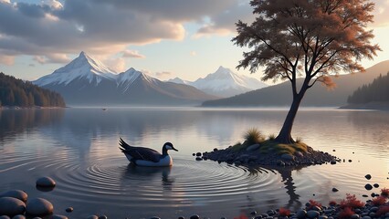 Wall Mural - Natural landscape with duck in the lake