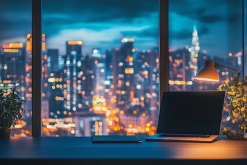 Wall Mural - glowing lights on a window sill with a cityscape in the background