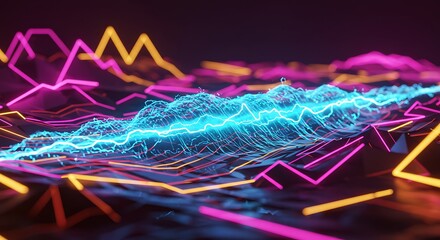 Pulsing Electric Wave in Futuristic Digital Landscape with Bright Neon Lines