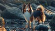 © VRVisionary - Shetland Sheepdog standing gracefully in a serene rockpool on a beach at sunset surrounded by smooth stones and gentle waves