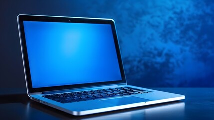 sleek laptop displaying blank screen with blue background glow