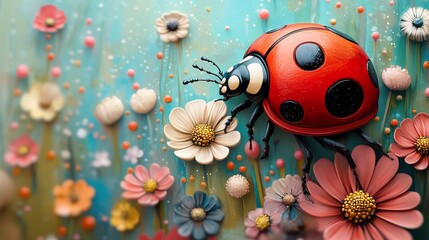 Wall Mural - Ladybug in a Flower Garden: A Digital Painting