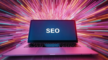 Aufkleber - Laptop displaying seo with colorful light trails, digital marketing concept