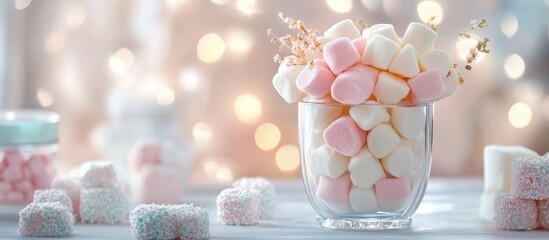 Wall Mural - Colorful marshmallow display in a glass vase with bokeh lights creating a whimsical and sweet atmosphere for festive celebrations