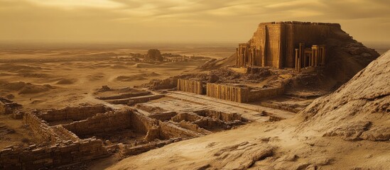 Ancient ruins of a forgotten city under golden skies showcasing historical architecture and desert landscape remnants.