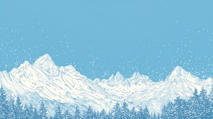 Poster - Winter landscape featuring snowy mountains and pine trees in a minimalist doodle design with ample copy space. Generative AI