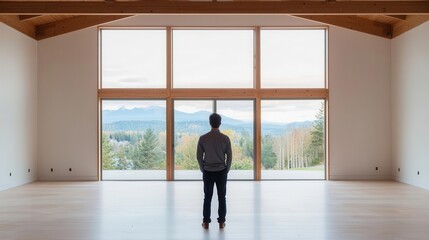 Wall Mural - Resident admiring open framework of house under construction, architectural clarity, exposed beams