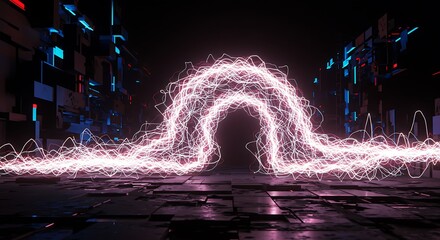 Pulsing Electric Wave in Futuristic Digital Landscape with Bright Neon Lines
