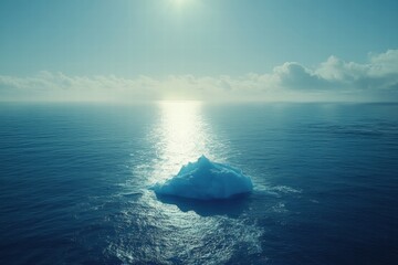 Poster - Melting iceberg floats in a vast blue ocean under a serene sky at sunset. Generative AI