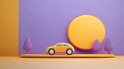 A colorful, minimalistic scene featuring a yellow car on a platform with stylized purple trees and a large sun against a vibrant purple background.