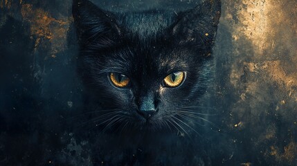 Wall Mural - Majestic Black Cat Portrait: Dark Eyes, Golden Glimmer