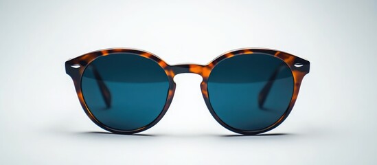 Trendy tortoiseshell sunglasses with blue lenses isolated on a clean white background showcasing stylish eyewear fashion.