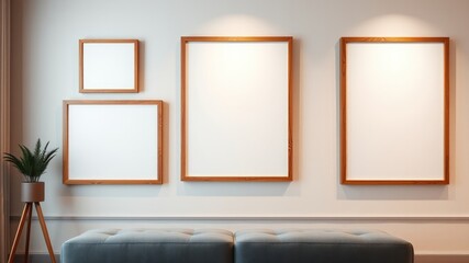 Modern living room interior with empty wooden picture frames and a stylish bench