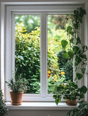 Leinwandbilder - Bright garden view through a window with indoor plants enhancing the cozy atmosphere. Generative AI