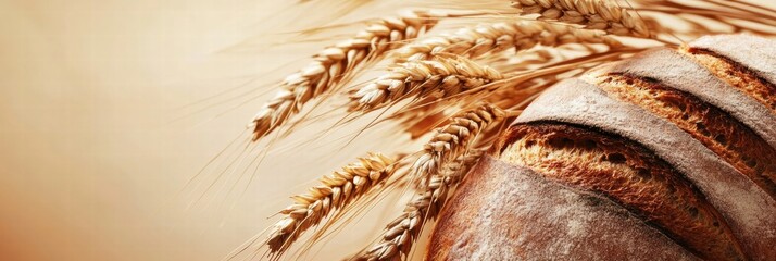 Fototapete - Minimalist bread loaf with wheat grains on a neutral background showcasing space for text or branding. Generative AI