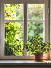 Leinwandbilder - Bright garden visible through a window with a potted plant in sunlight. Generative AI