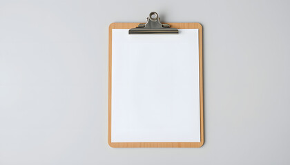 Real photo, wooden clipboard with blank A4 paper mockup template, isolated on light grey background. High resolution, flat papercut style. isolated with white shades