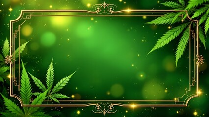 Wall Mural - Vibrant green bokeh background with glittering cannabis leaves and ornate frame, creating a festive and luxurious atmosphere perfect for holiday sales and marketing materials