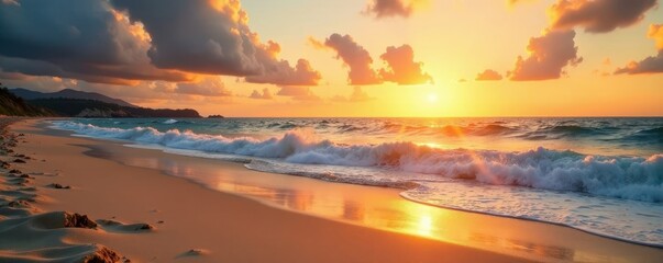 Wall Mural - Golden sunrise paints serene beach; waves gently caress golden sand , tranquil, vibrant