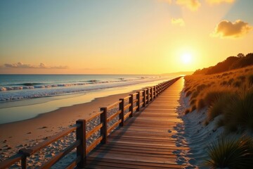 Wall Mural - Golden hour sunlight bathes Palanga boardwalk, peaceful sea view , light, tranquil